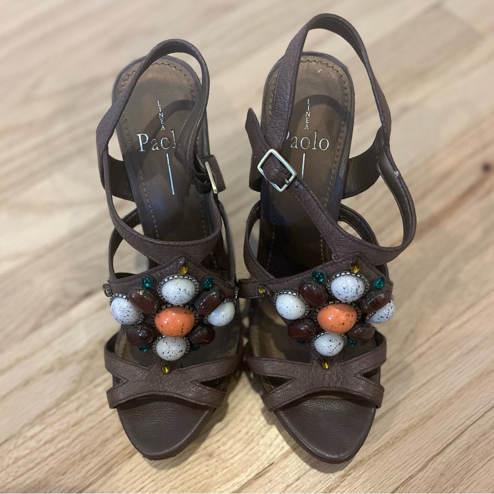 Linea Paolo Brown Strappy Wedges with Stones